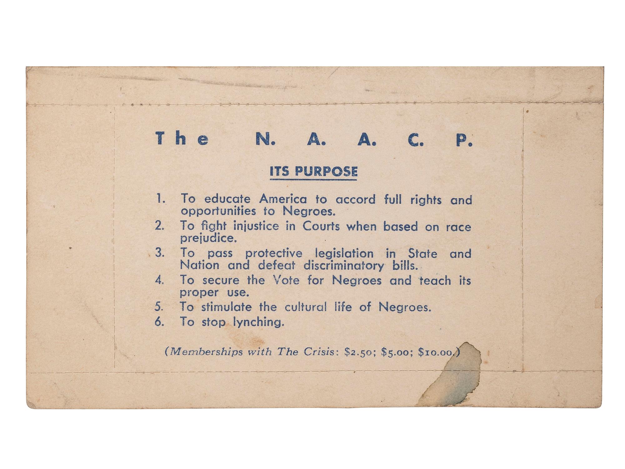 [CIVIL RIGHTS]. NAACP membership card identified to Robert Washington, Dillwyn, Virginia. 1942.