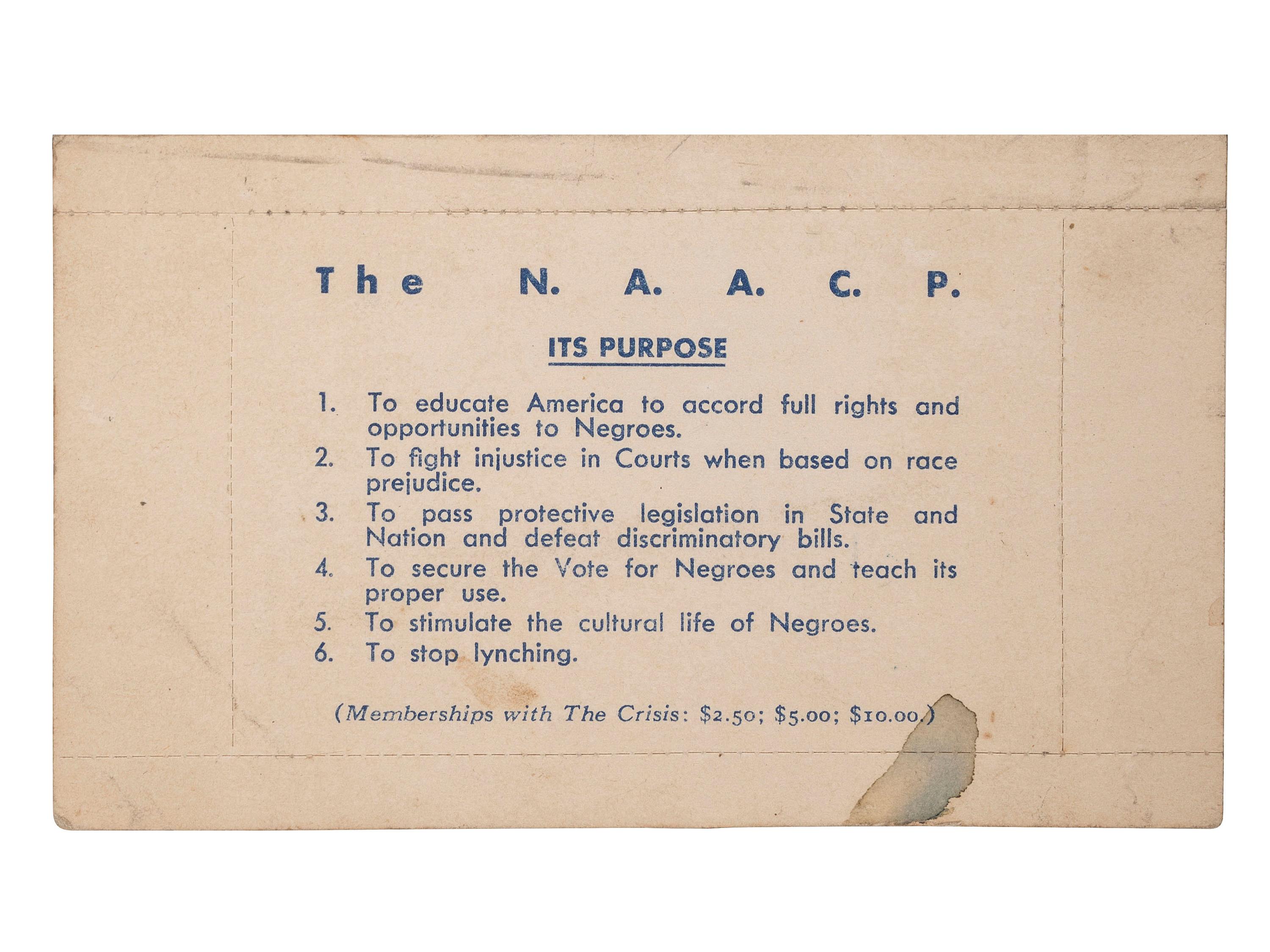 [CIVIL RIGHTS]. NAACP membership card identified to Robert Washington, Dillwyn, Virginia. 1942.