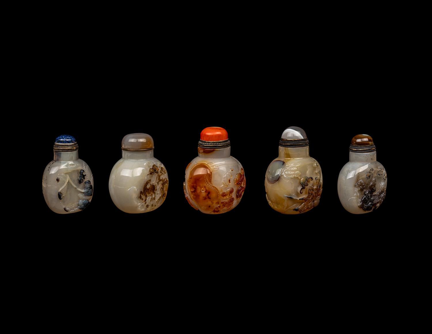 Five Chinese Silhouette Agate Snuff Bottles