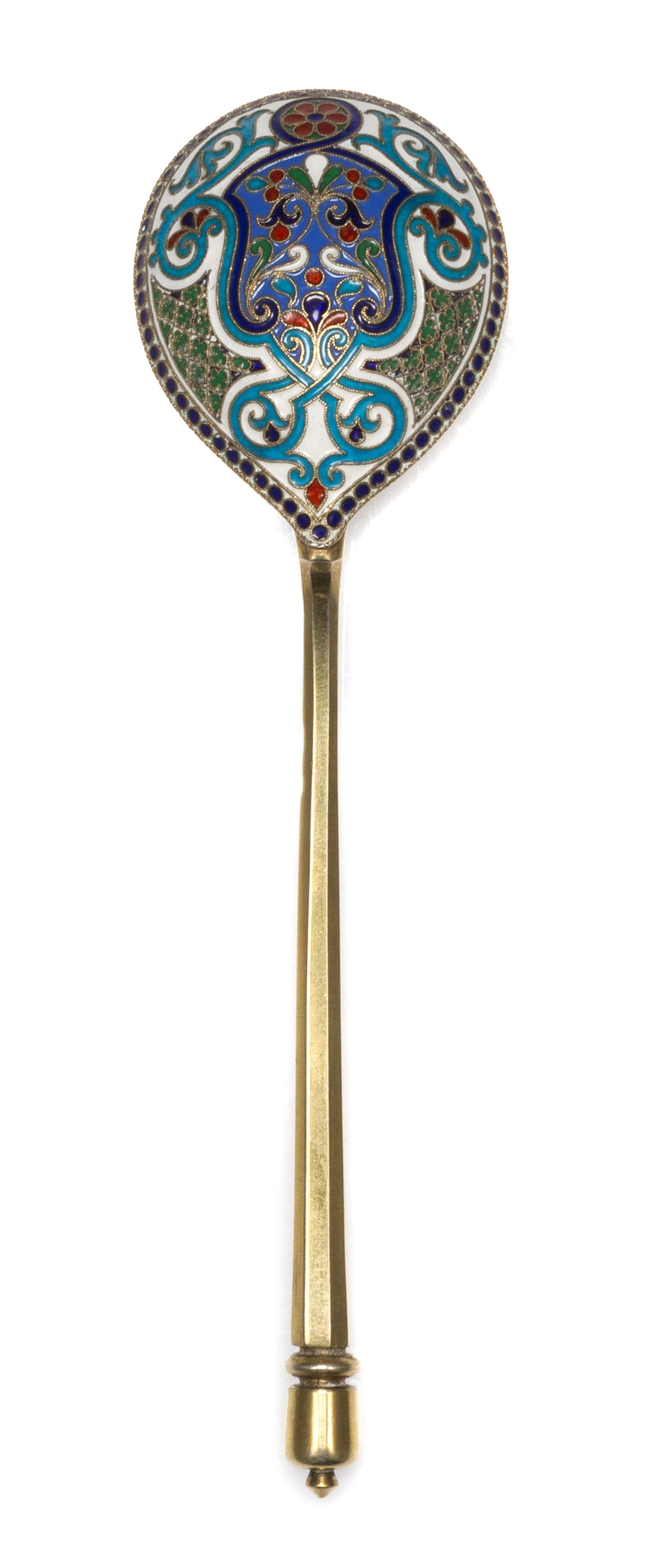 A Russian Silver-Gilt and Enamel Spoon, Mark of Ivan Khlebnikov with Imperial warrant, assay mark of Viktor Savinsky, Moscow, 19th cent