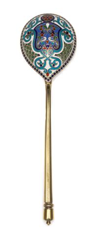 A Russian Silver-Gilt and Enamel Spoon, Mark of Ivan Khlebnikov with Imperial warrant, assay mark of Viktor Savinsky, Moscow, 19th cent