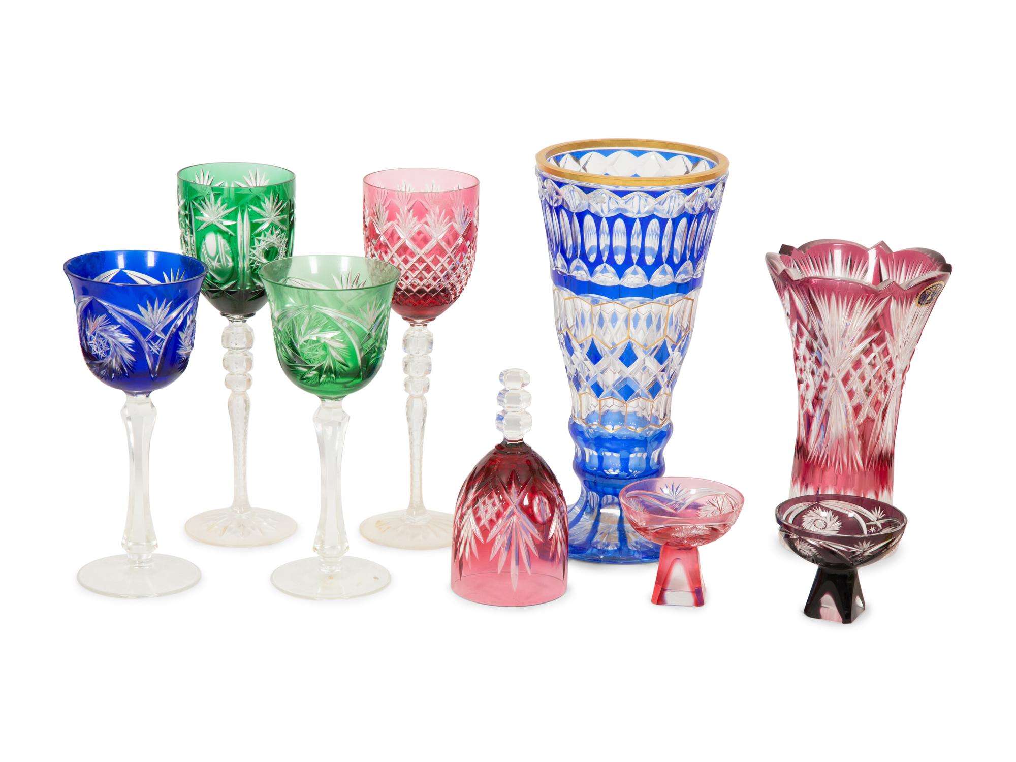 A Collection of Bohemian Colored Cut-to-Clear Glass Articles