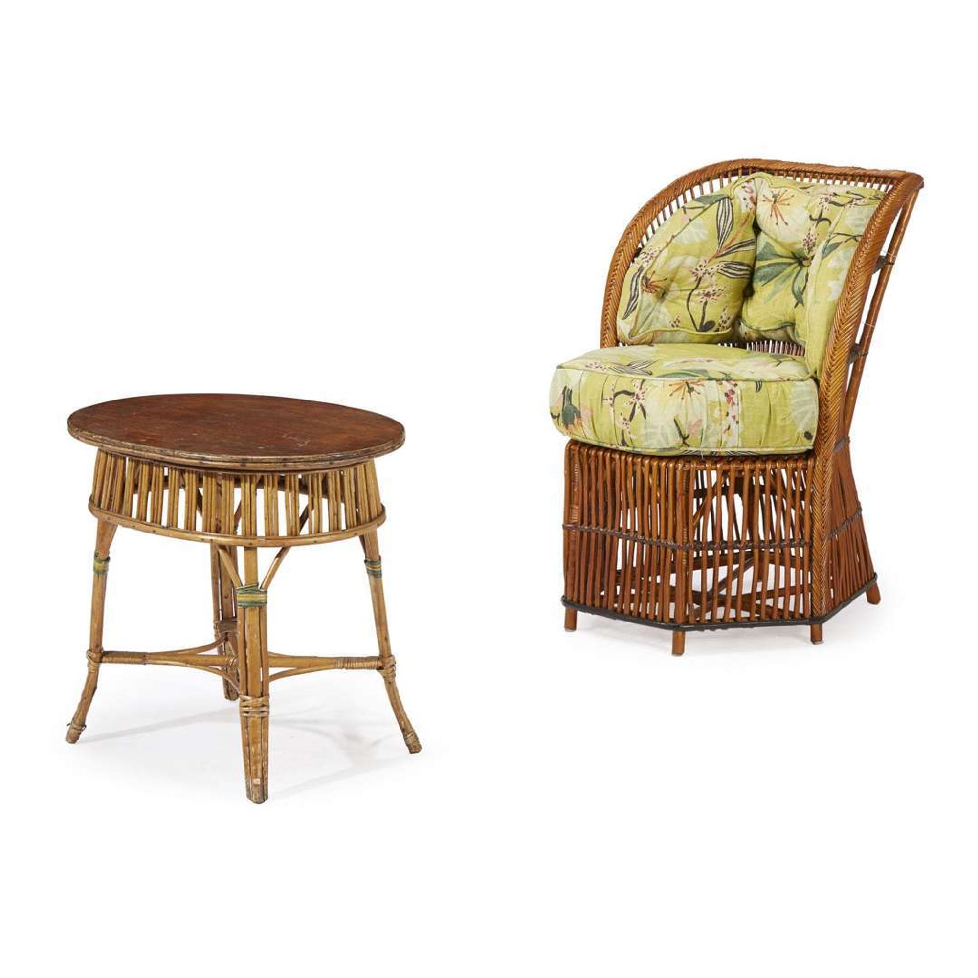A polychrome painted rattan chair and side table american, circa 1900
