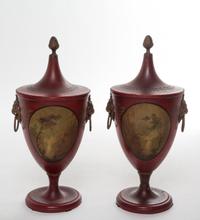 A Pair of Continental Painted Tole Urns Height 12 1/4 inches. — 19TH CENTURY