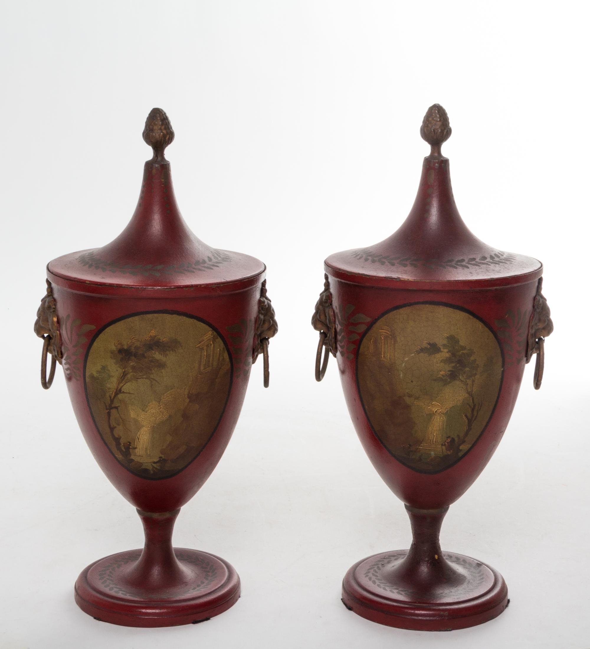 A Pair of Continental Painted Tole Urns Height 12 1/4 inches. — 19TH CENTURY