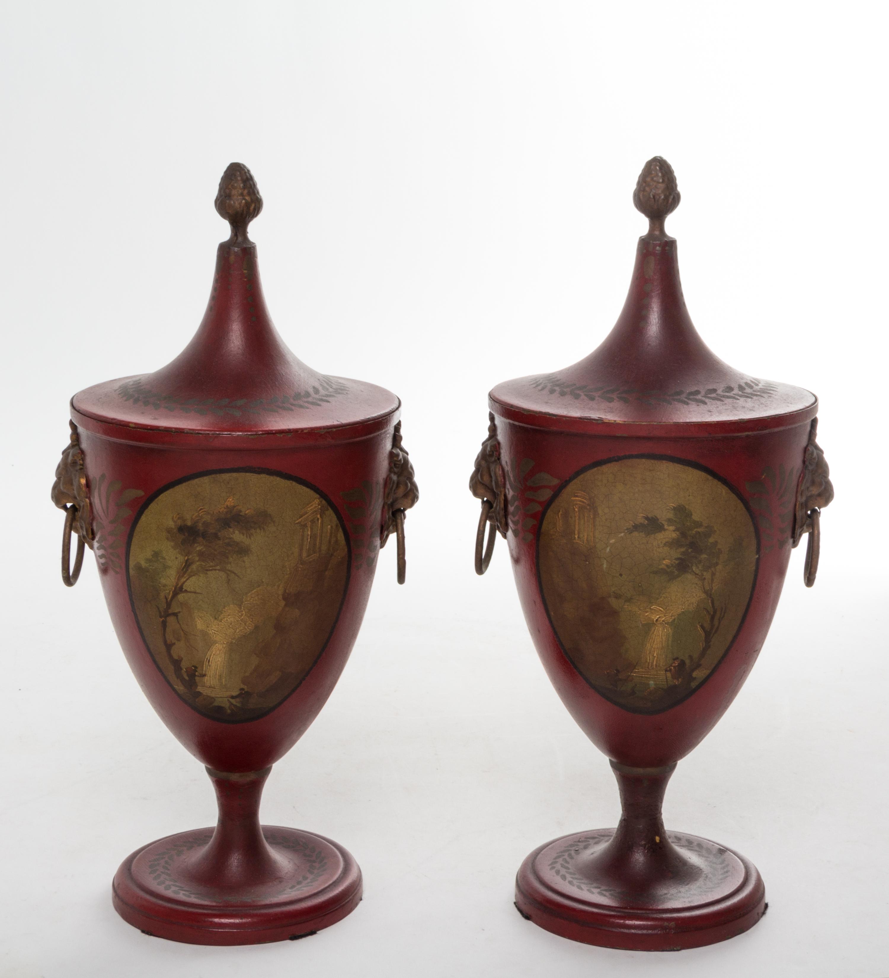 A Pair of Continental Painted Tole Urns Height 12 1/4 inches. — 19TH CENTURY