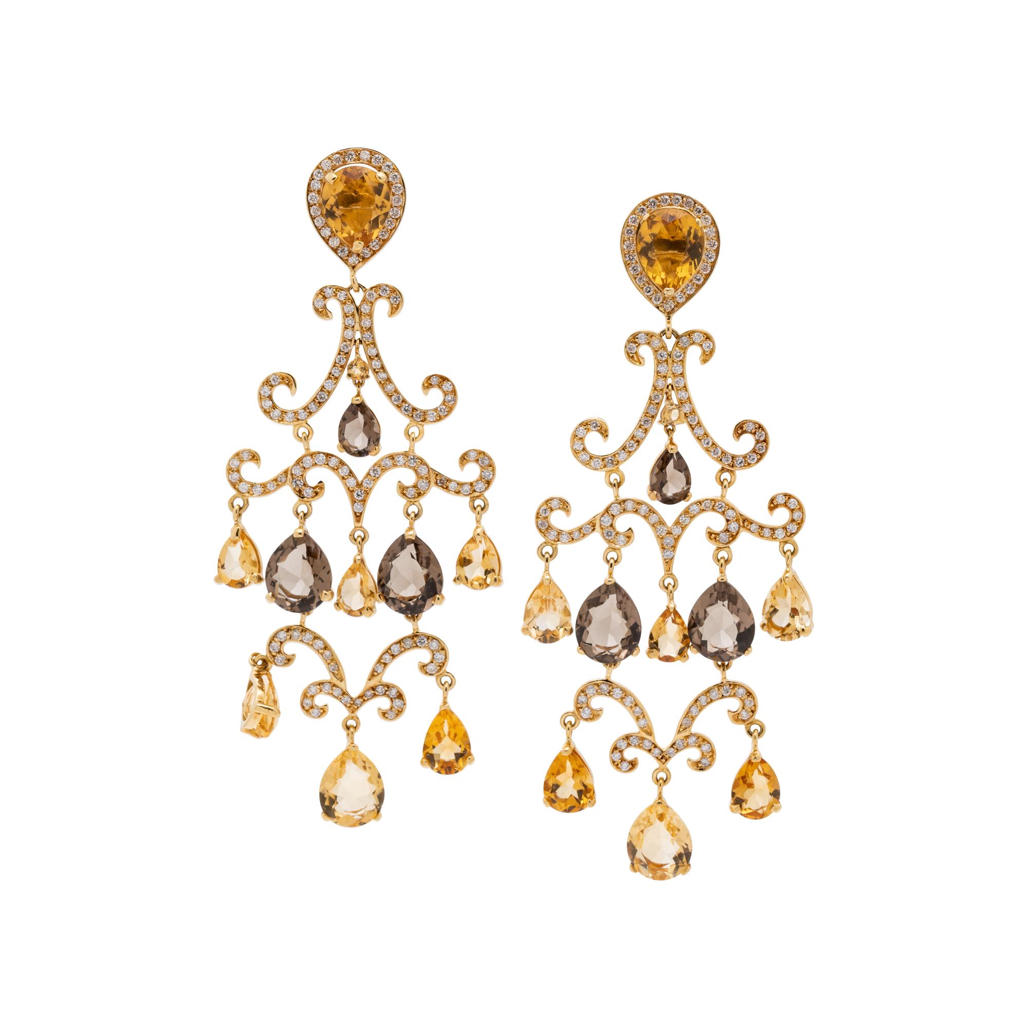 CITRINE, SMOKY QUARTZ AND DIAMOND CHANDELIER EARRINGS