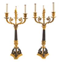 A Pair of Napoleon III Style Gilt and Patinated Bronze Three-Light Candelabra, Height overall 29 1/2 inches.