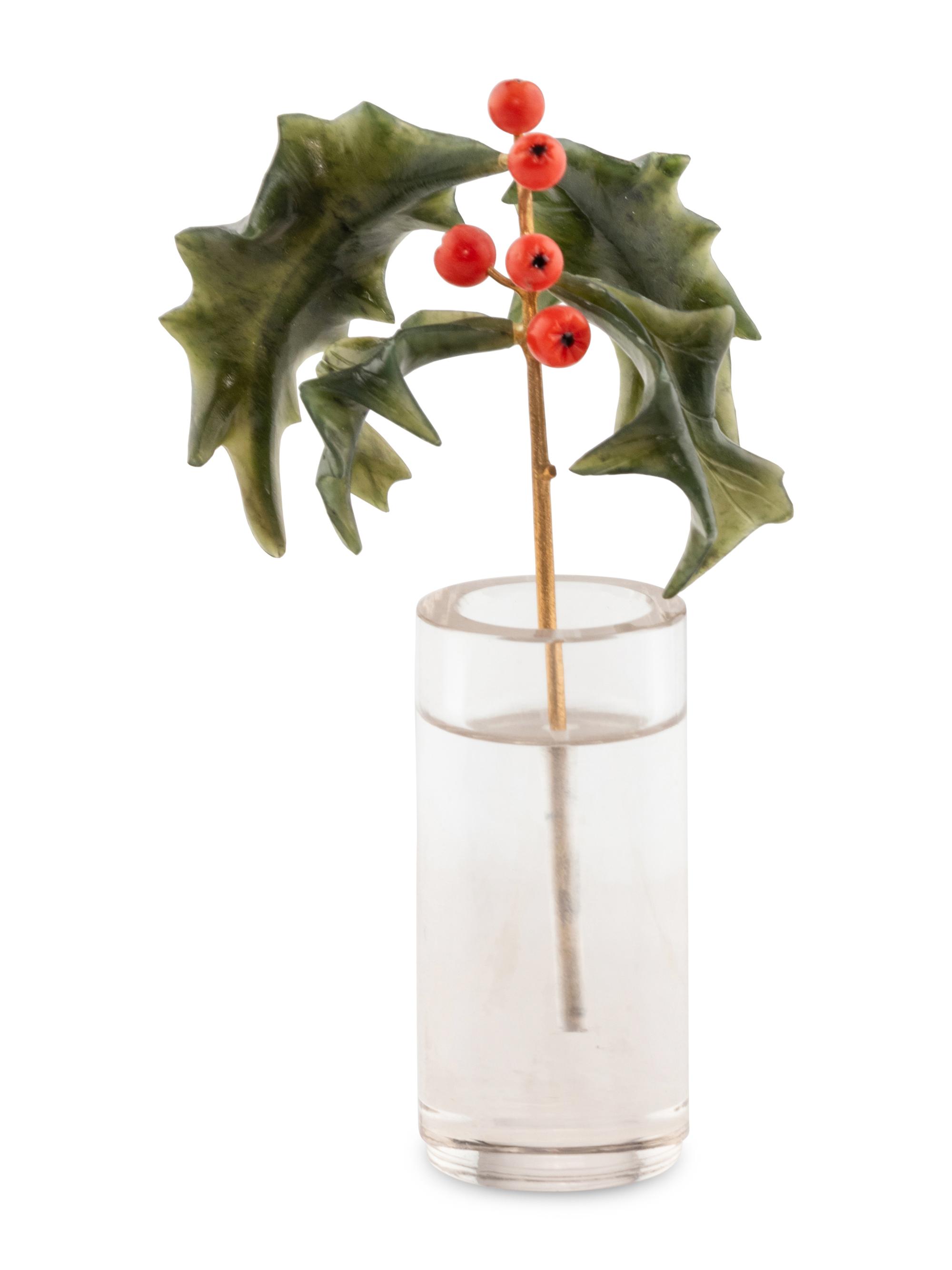 A Carved Rock Crystal, Nephrite and Coral and 18-Karat Gold Holly Berry Flower Study