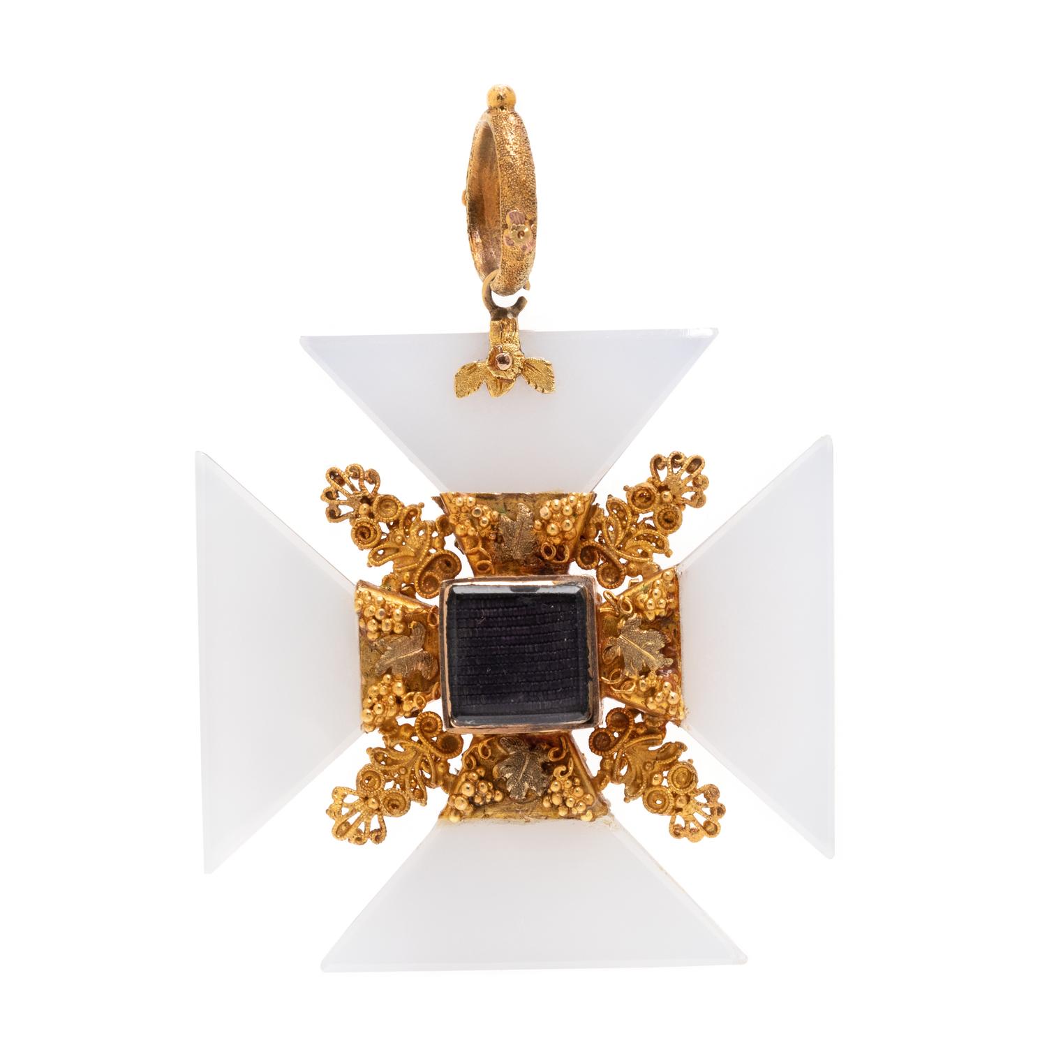 GEORGIAN, TRICOLOR GOLD AND MULTIGEM MALTESE CROSS PENDANT