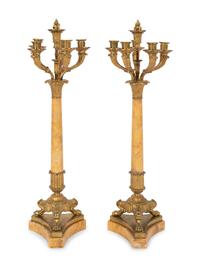 A Pair of Charles X Gilt Bronze and Marble Five-Light Candelabra