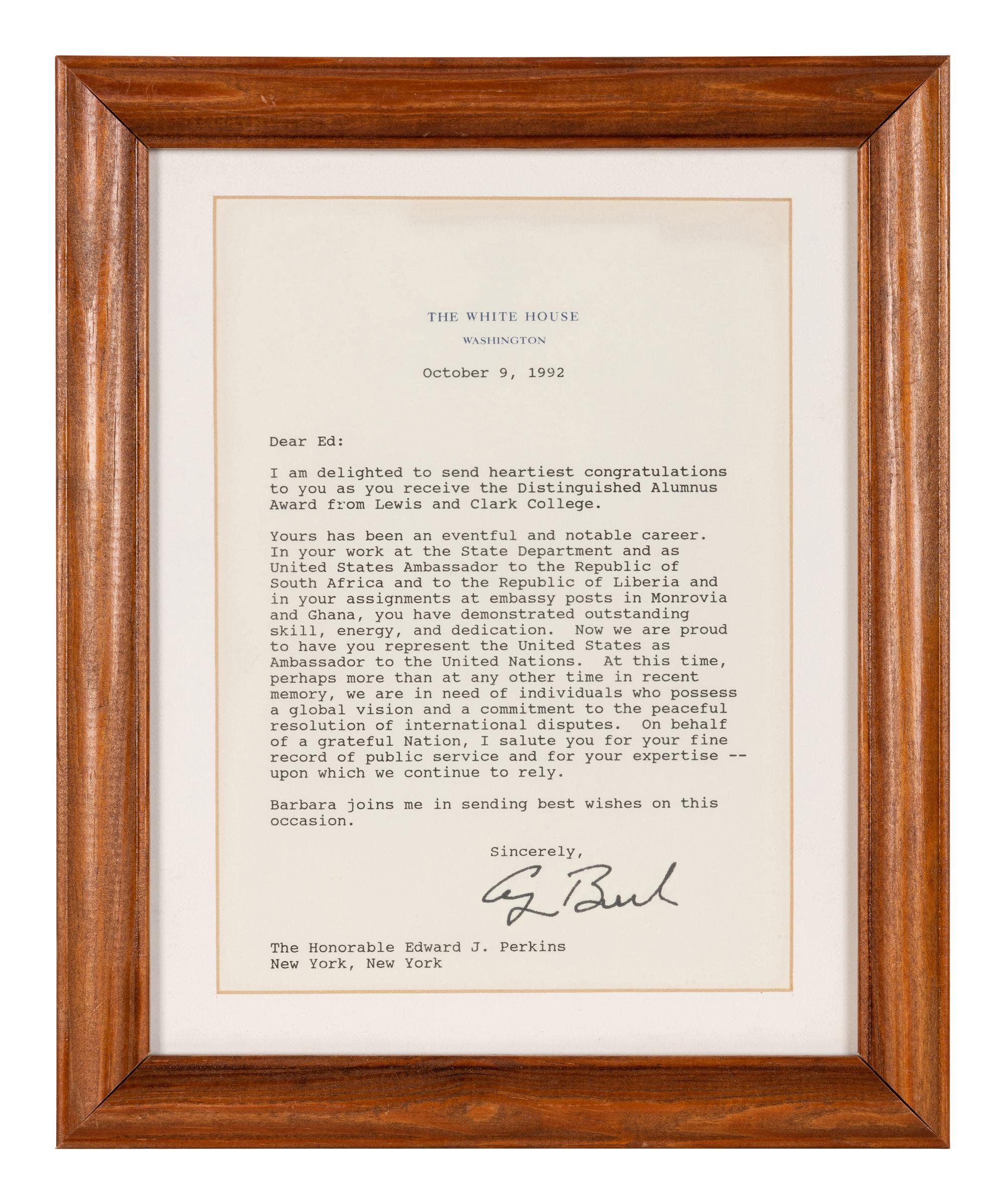 BUSH, George H.W. (1924-2018). Typed Letter signed ("George Bush") to Ambassador Edward J. PERKINS (1928-2020), 19th United States Ambassador to the United Nations from 1992-1993. Washington, D.C., 9 October 1992.