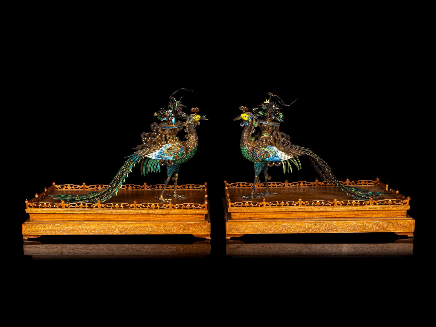 A Pair of Chinese Export Embellished Silver Filigree Figure of Phoenix