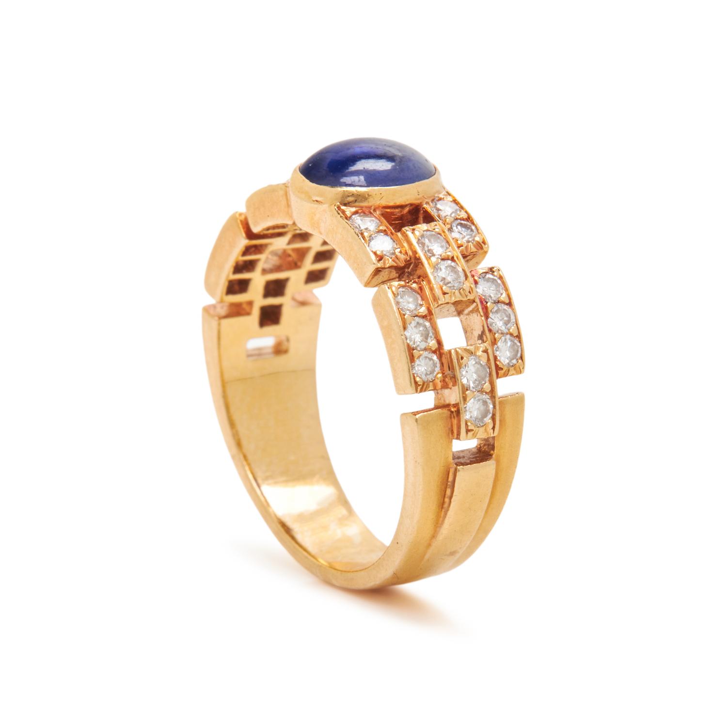 FRENCH, YELLOW GOLD, SAPPHIRE AND DIAMOND RING