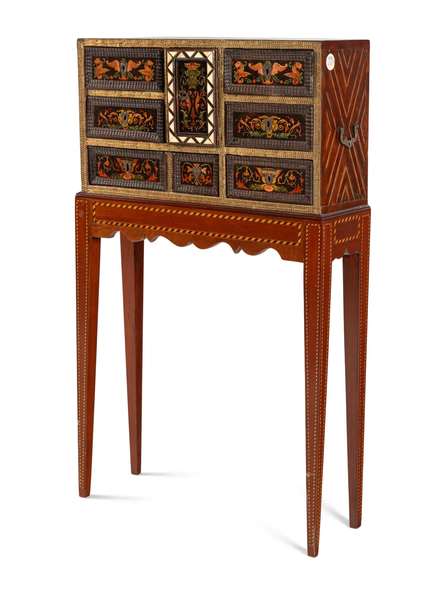 An Italian or Flemish Painted Collector's Cabinet on Stand