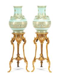A Pair of Chinese Gilt Decorated Celadon Glazed Porcelain Vases and Gilt Bronze Pedestals Height of porcelain 20 inches; height of pede