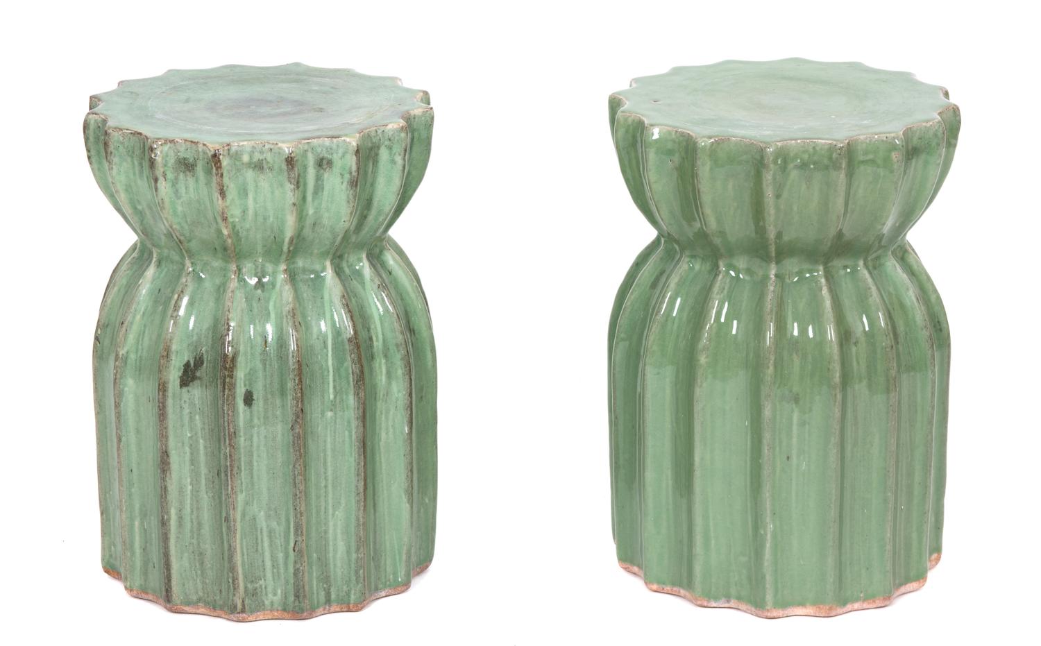 A Pair of Glazed Ceramic Fluted-Form Garden Seats Height 18 1/2 inches. — 20TH CENTURY