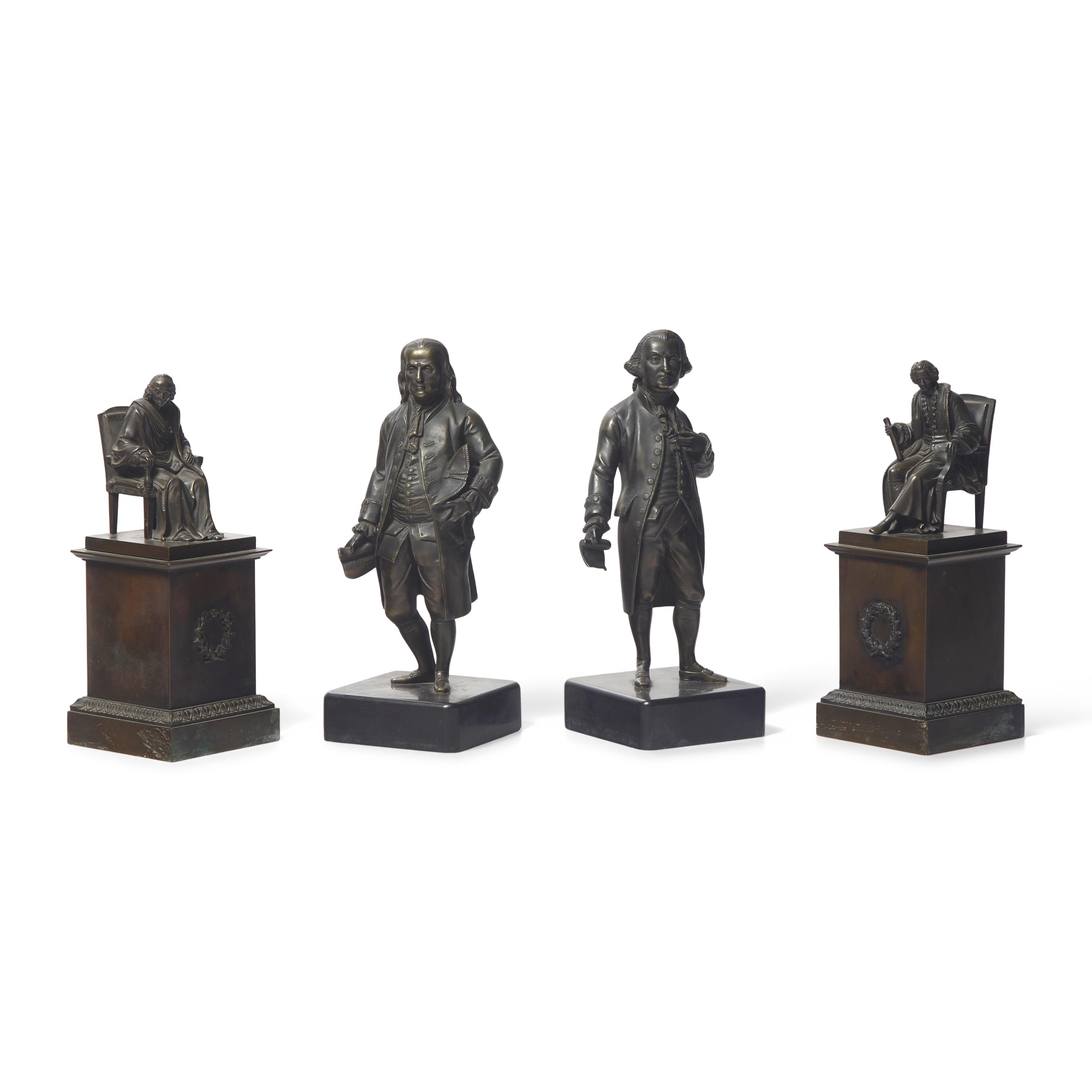 A Group of Four Patinated Bronze Figures or Bookends