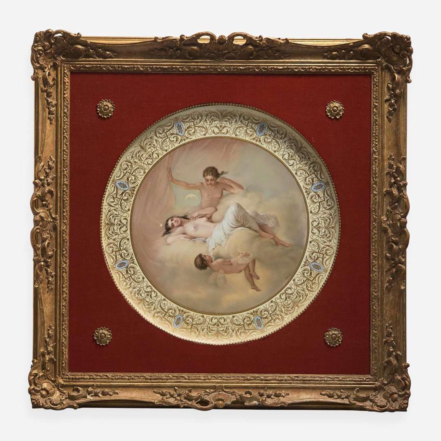 A Royal Vienna style painted porcelain round plaque depicting Luna late 19th / early 20th century