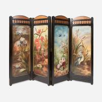 An Irish Aesthetic Movement painted and ebonized four-panel screen Signed, "H. Cooper," Dublin, Ireland, circa 1880
