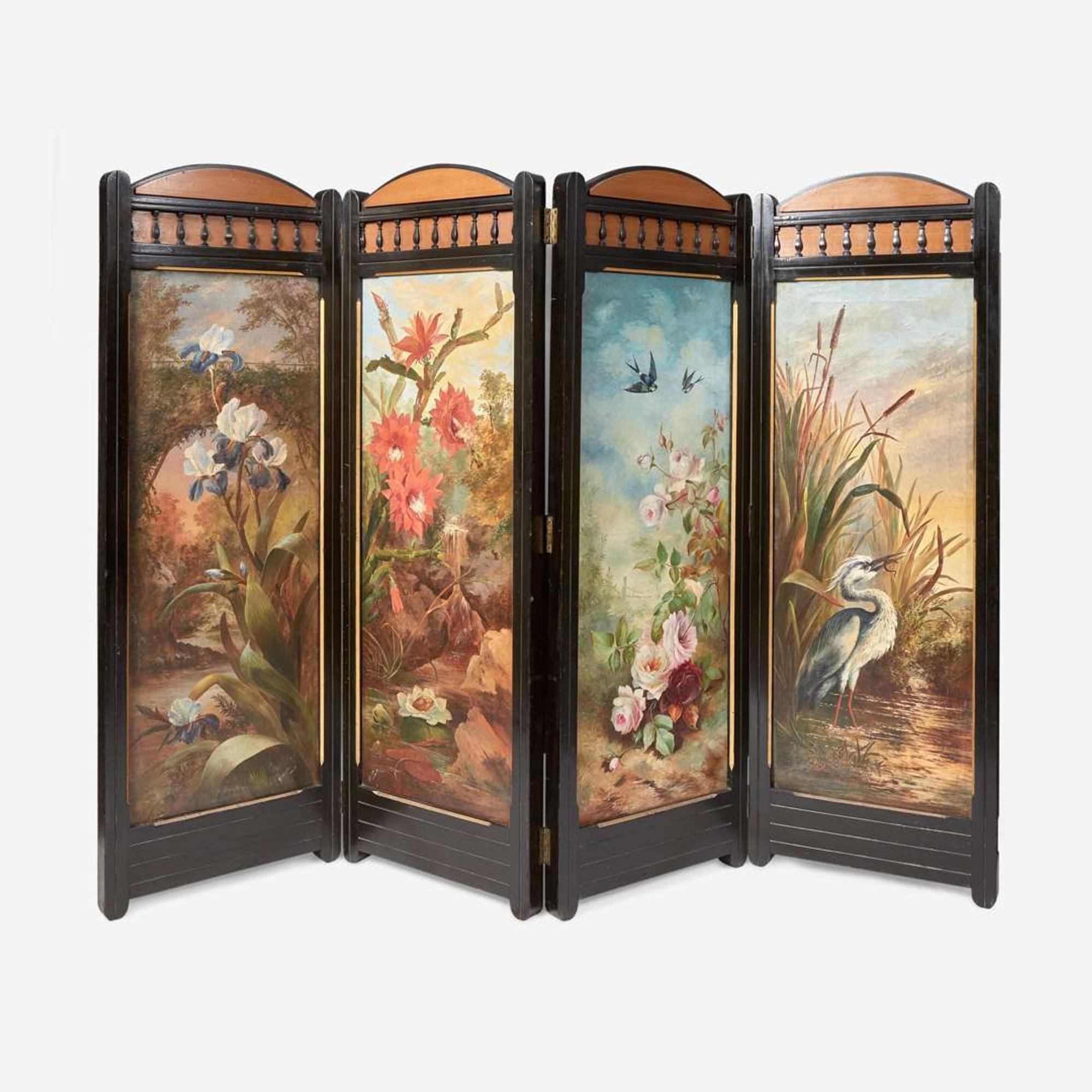 An Irish Aesthetic Movement painted and ebonized four-panel screen Signed, "H. Cooper," Dublin, Ireland, circa 1880