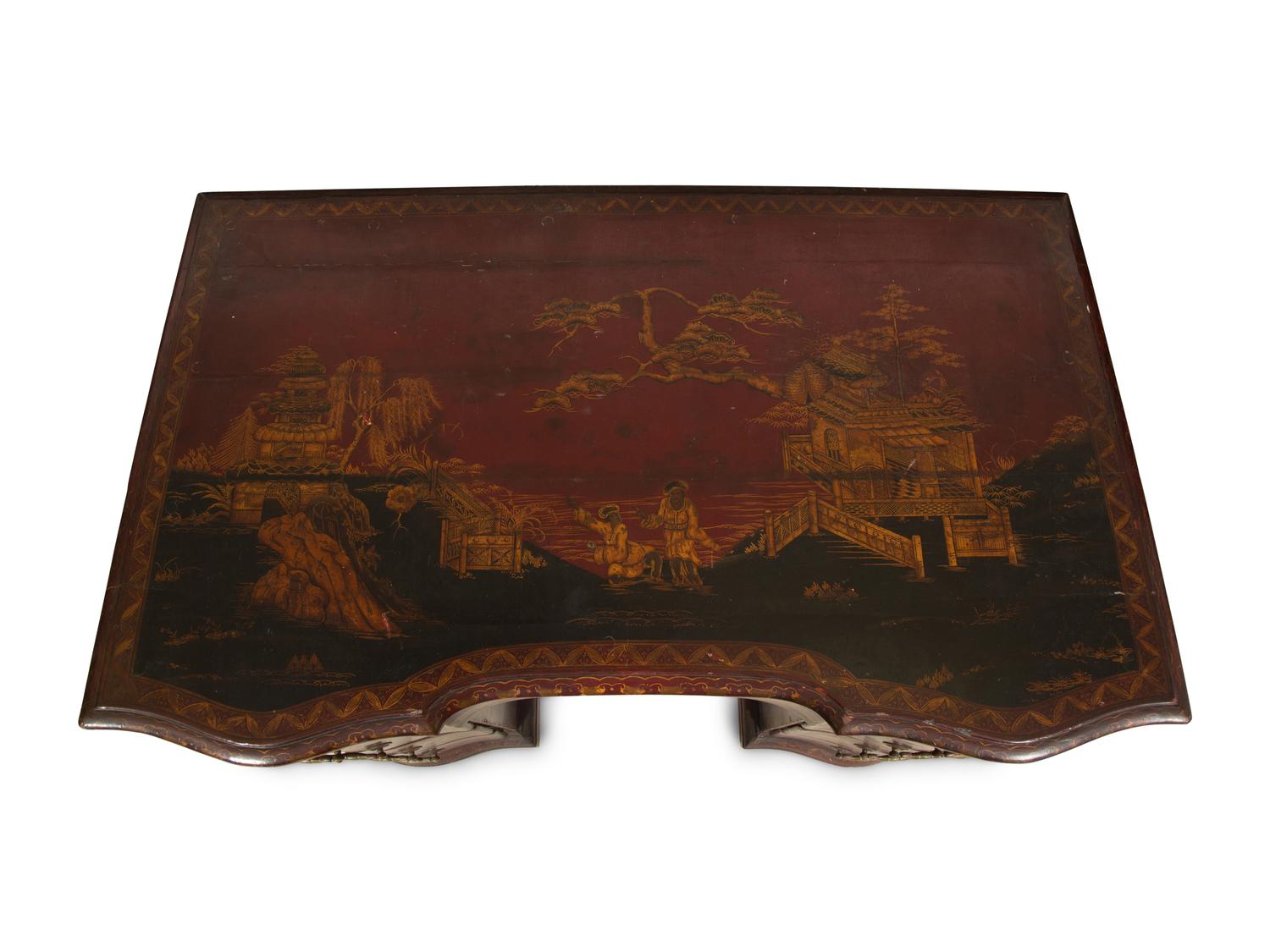 A George III Style Red and Gilt Japanned Knee-Hole Desk