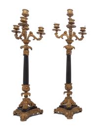 A Pair of French Parcel-Gilt Bronze Four-Light Candelabra