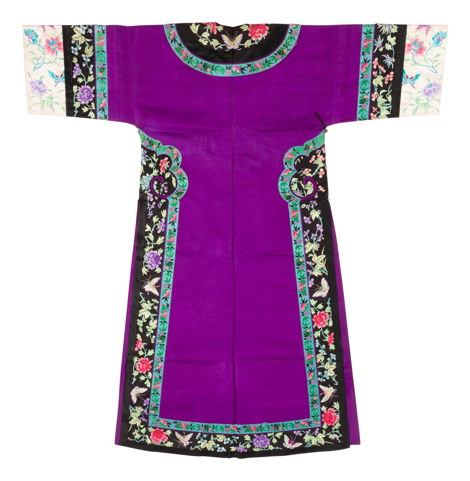 A Purple Ground Embroidered Silk Manchu Lady's Informal Robe