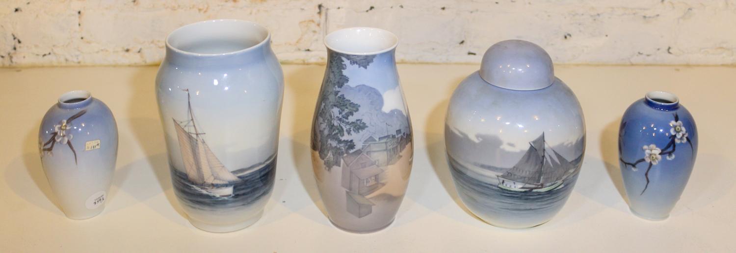 Five Bing & Grondahl Porcelain Vases. Height of tallest 8 1/2 inches.