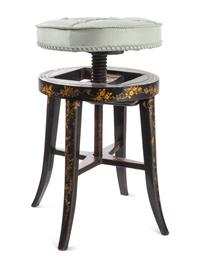 A Victorian Polychrome-Decorated Ebonized Piano Stool