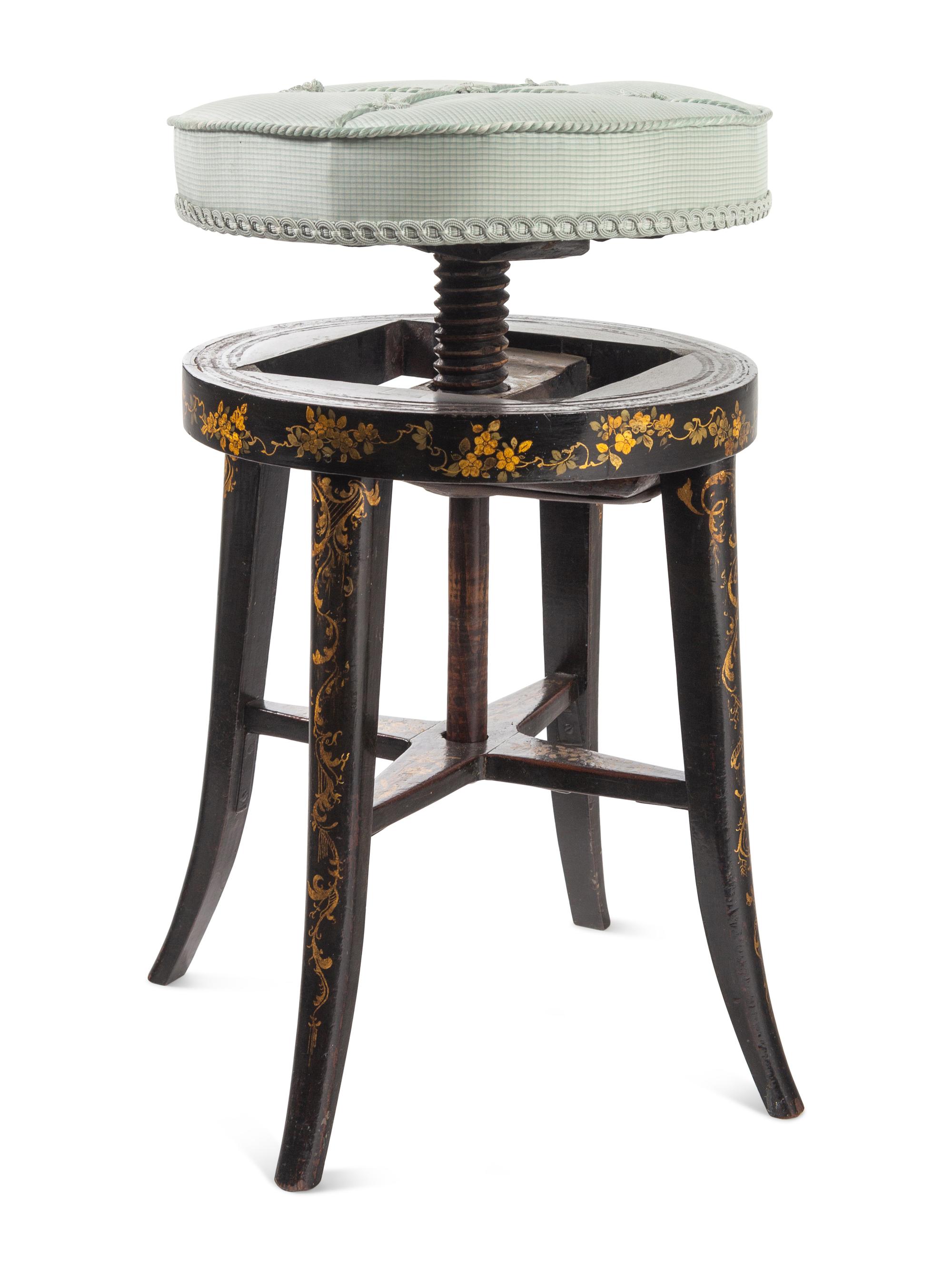 A Victorian Polychrome-Decorated Ebonized Piano Stool
