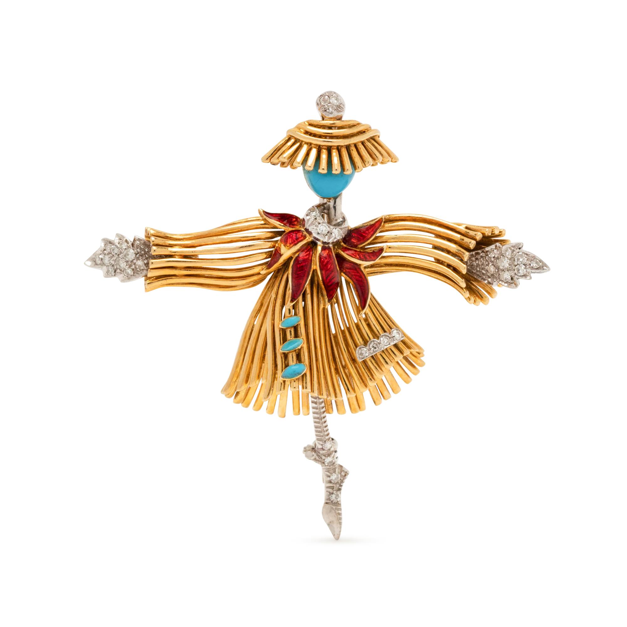 ENAMEL AND DIAMOND SCARECROW BROOCH