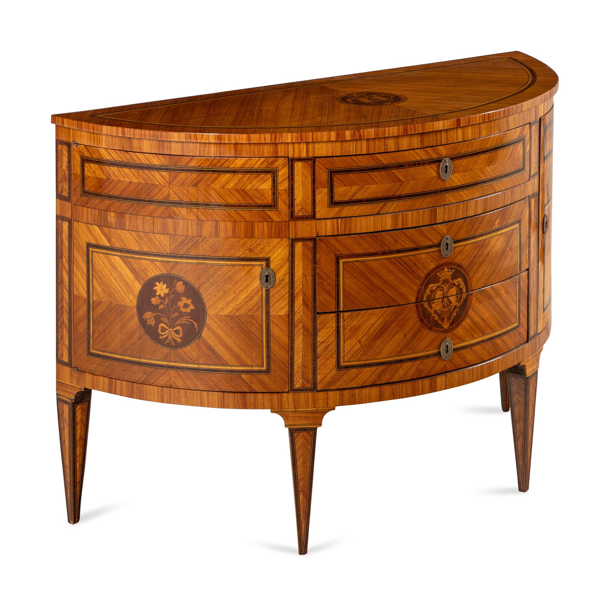 An Italian Fruitwood and Marquetry Demilune Commode
