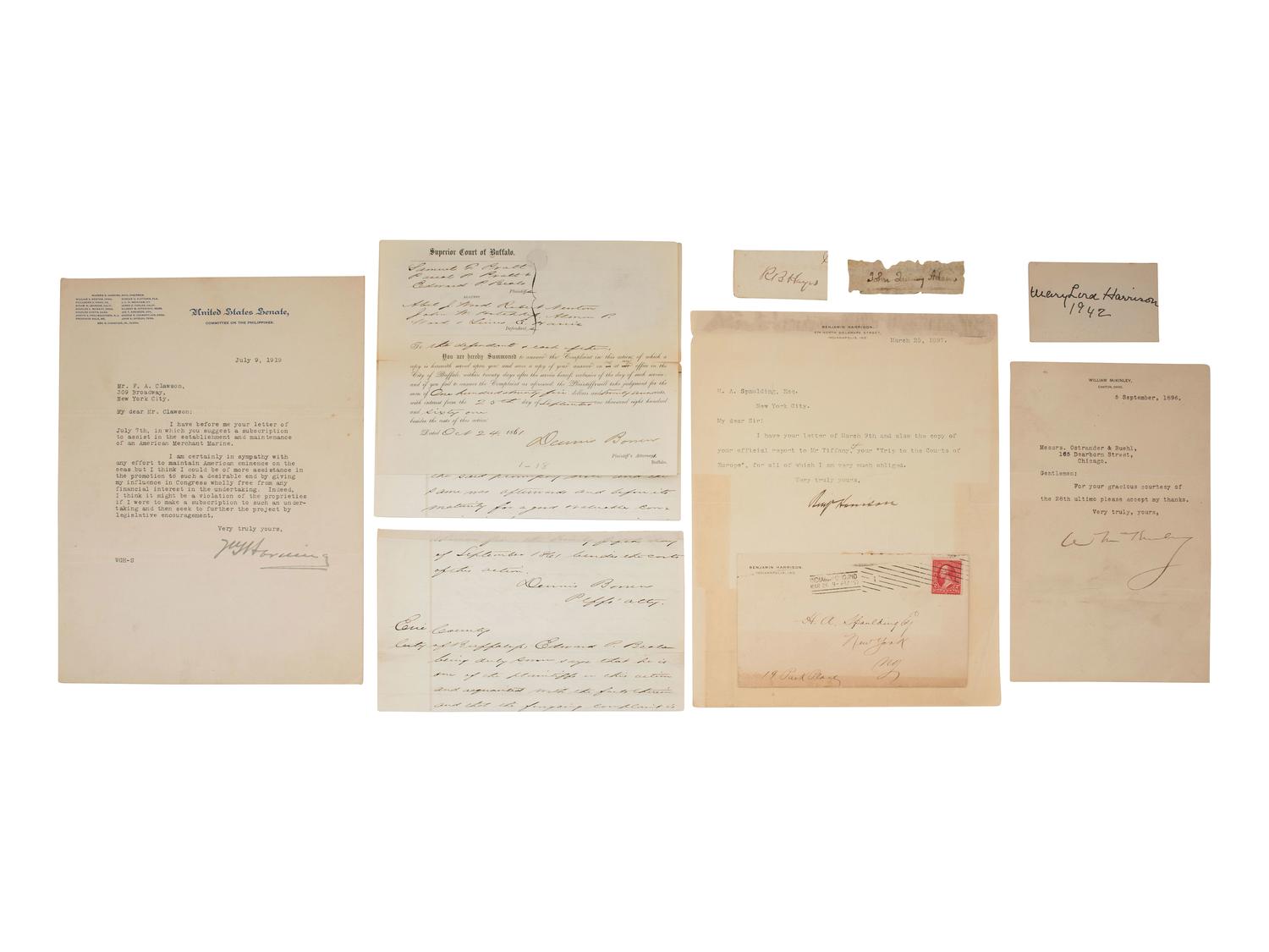 [PRESIDENTS]. Signed documents and ephemera featuring signatures of J.Q. ADAMS, FILLMORE, MCKINLEY, CLEVELAND, HARRISON, HARDING, and HAYES.