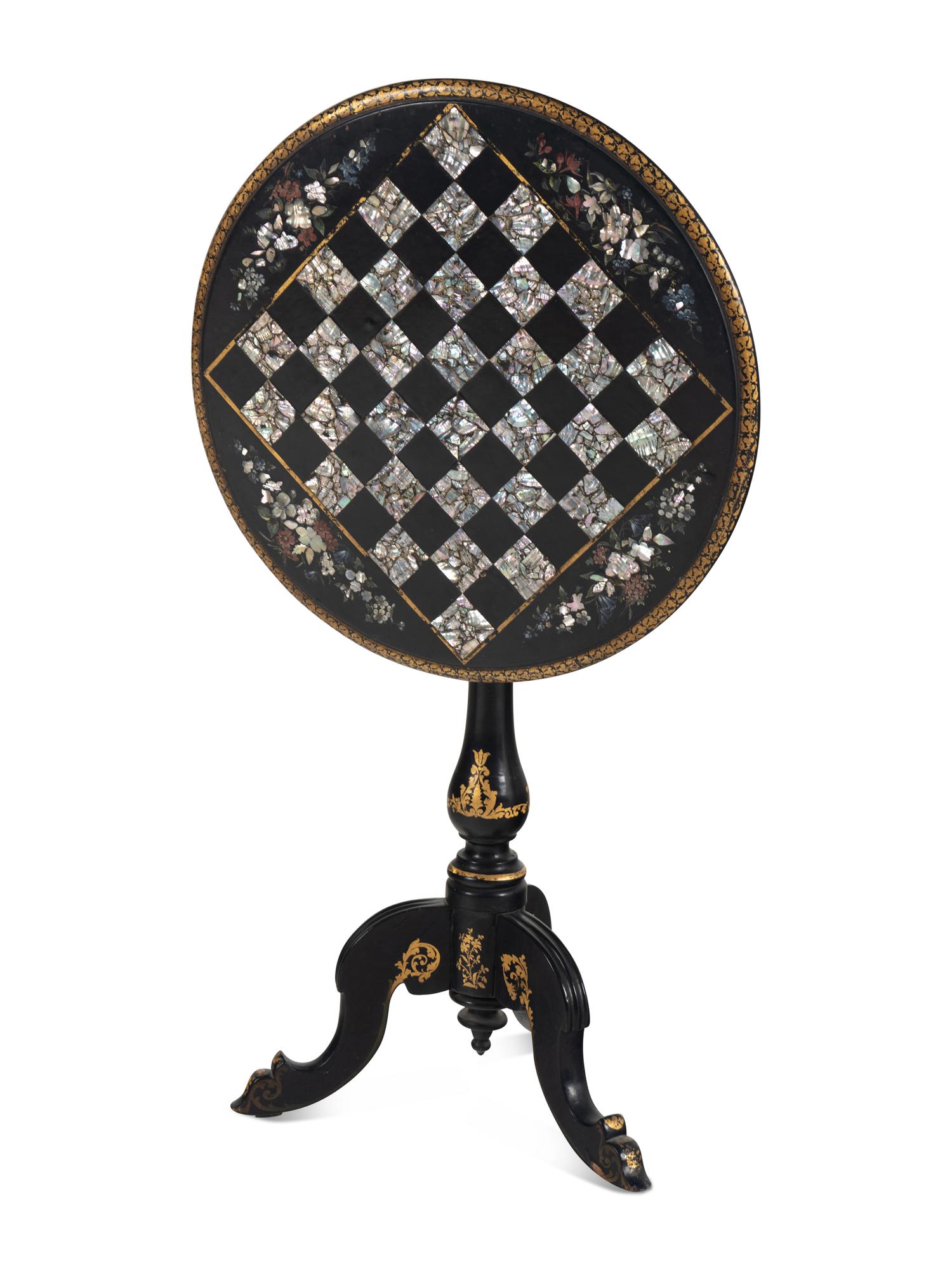 Three Victorian Mother of Pearl Papier-Mâché Tilt Top Tables