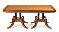 A Regency Style Brass Inlaid Burlwood Dining Table Height 29 1/2 x depth 52 x length 119 inches (fully extended). — ARTHUR BRETT & SONS, 20TH CENTURY