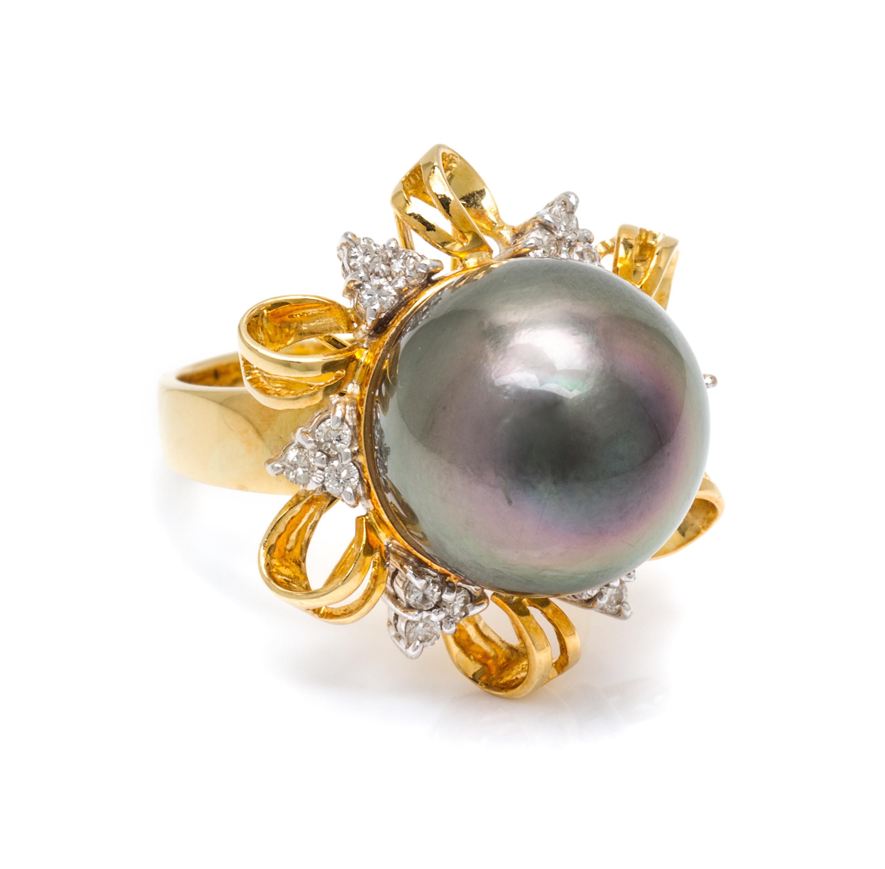 An 18 Karat Yellow Gold, Cultured Tahitian Pearl and Diamond Ring, 9.10 dwts.