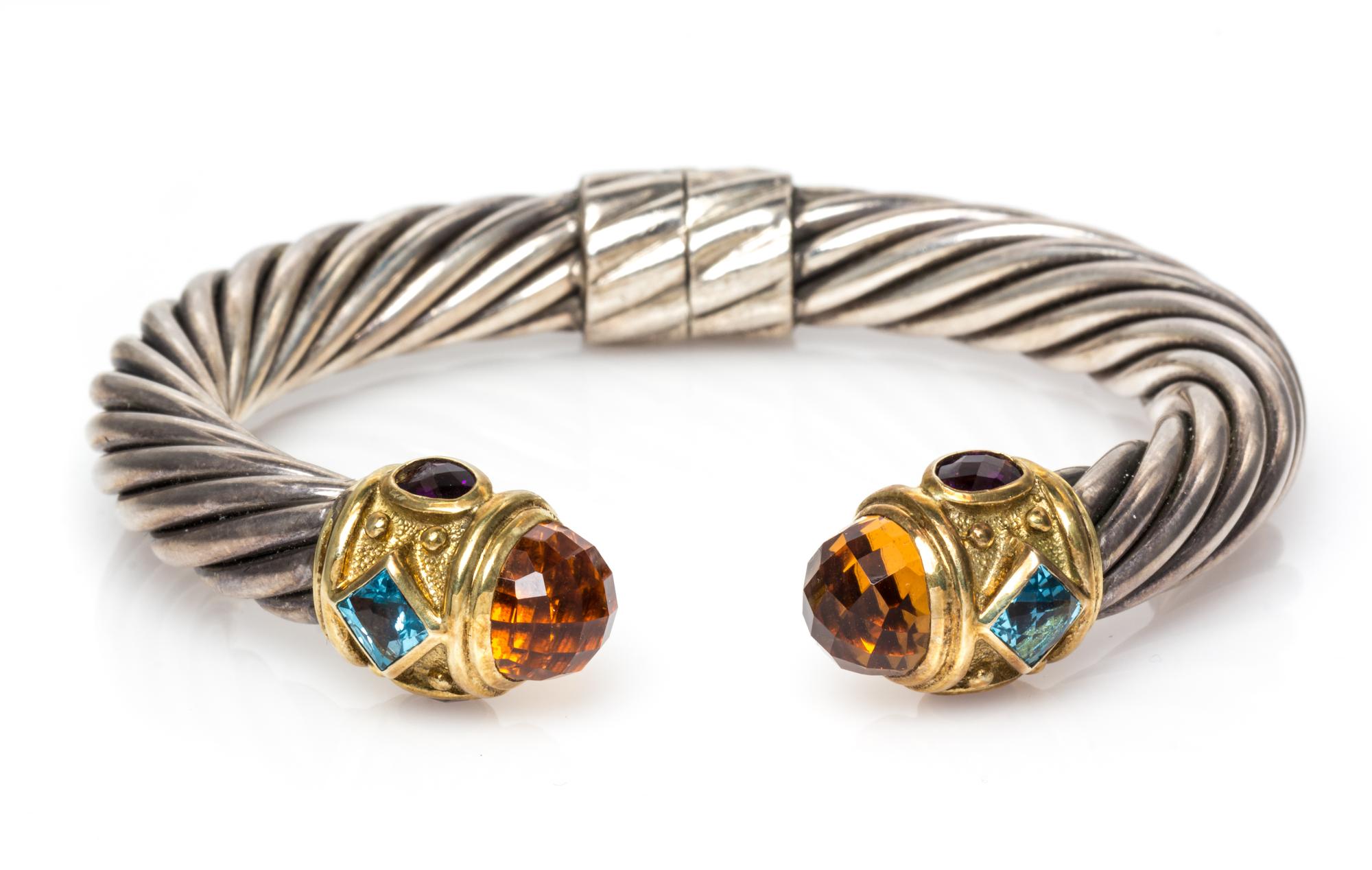 A Sterling Silver, 18 Karat Yellow Gold, Citrine, Blue Topaz and Amethyst 'Renaissance' Bracelet, David Yurman, 28.40 dwts.