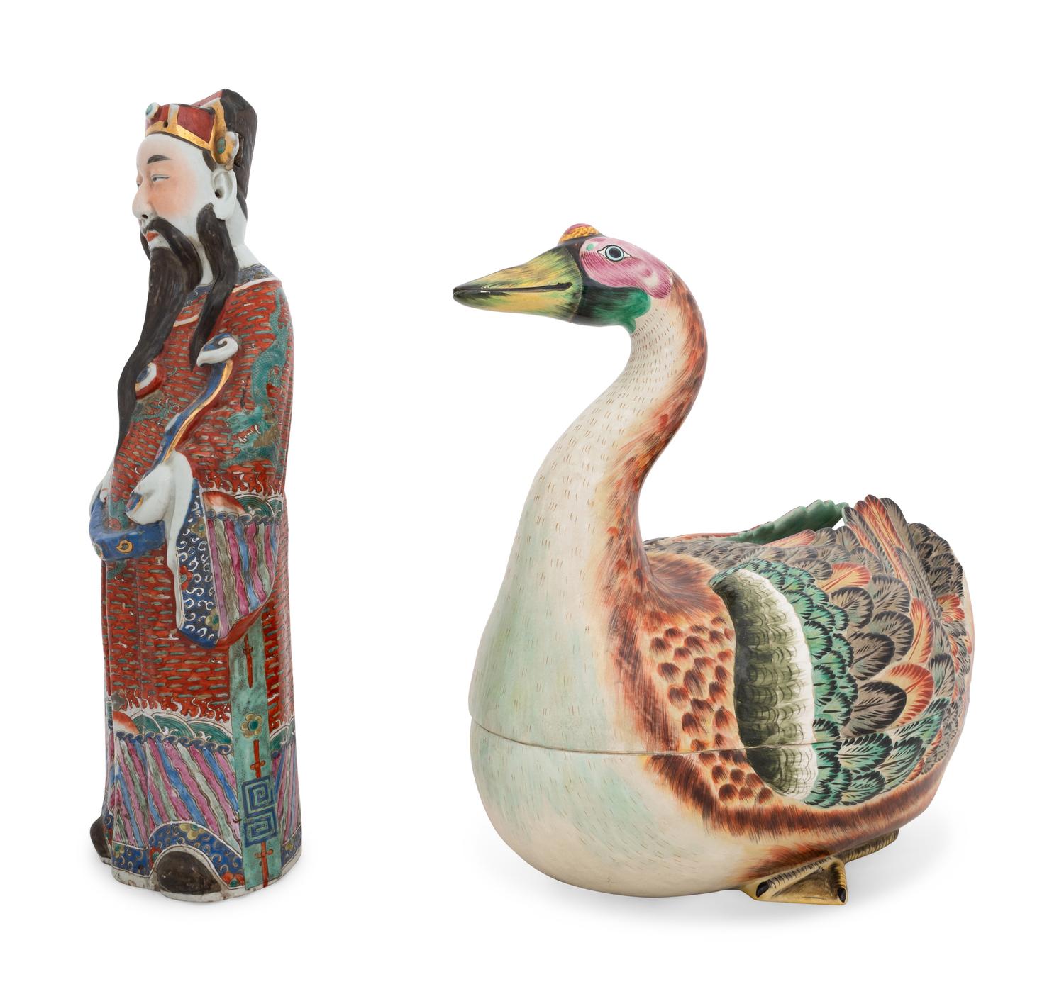 A Chinese Polychromed Sanxing God of Prosperity Figure and a Mottahedeh Ceramic Goose Tureen