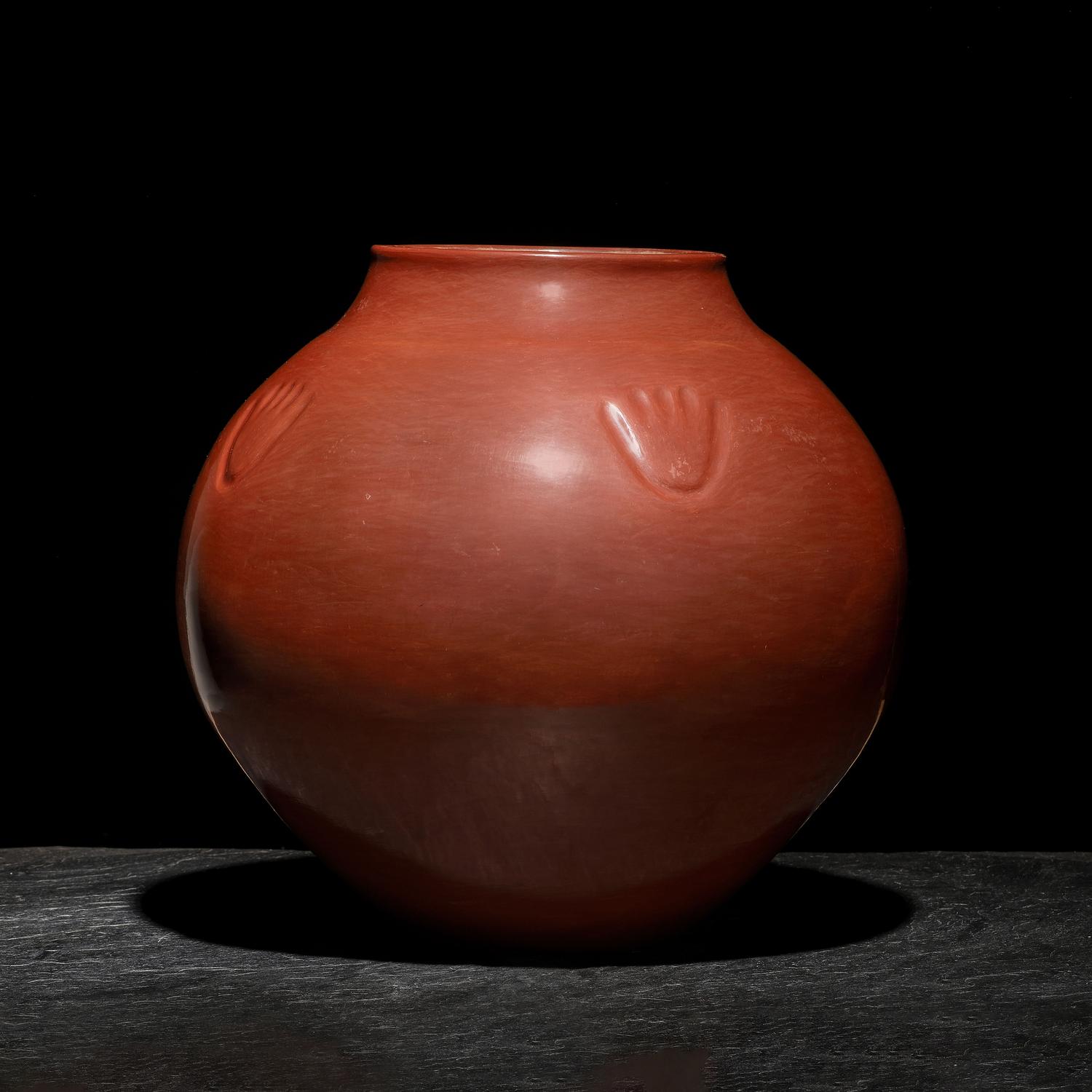 Monumental Redware Pottery Jar, with Bear Paw