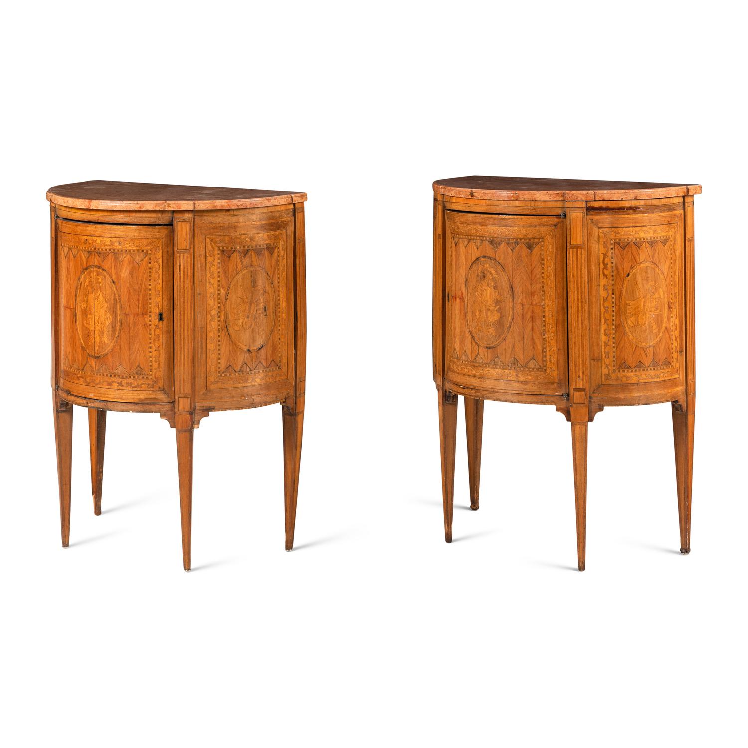 A Pair of Italian Neoclassical Marquetry and Marble-Top Commodini