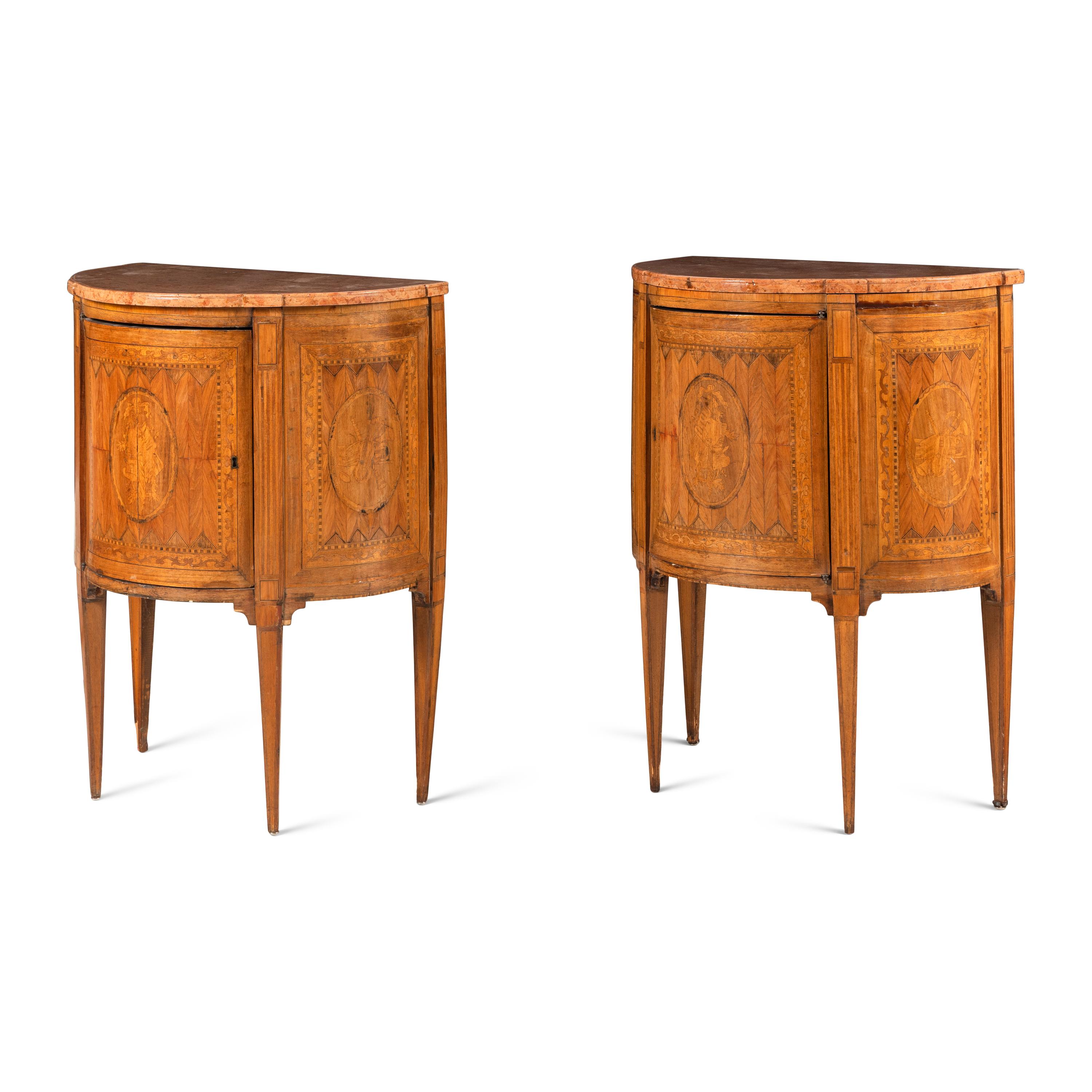 A Pair of Italian Neoclassical Marquetry and Marble-Top Commodini