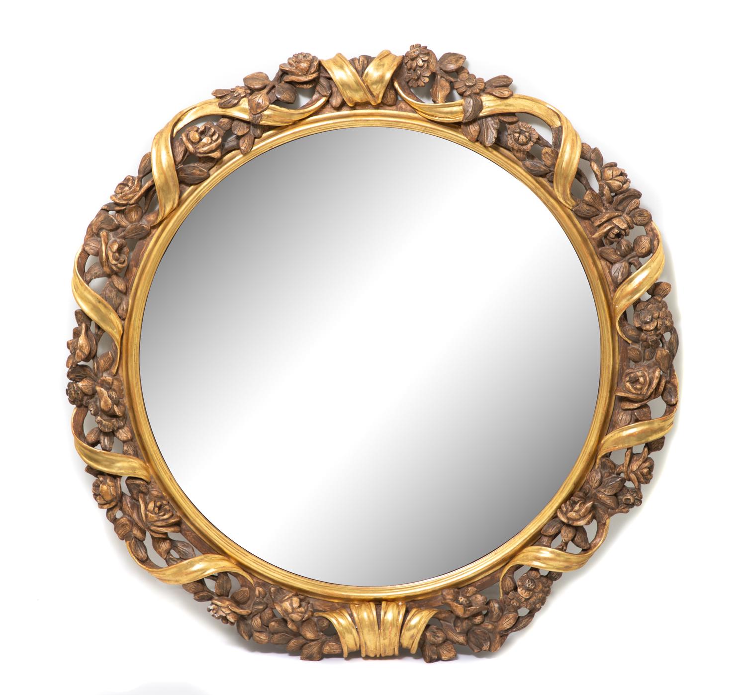 A Louis XVI Style Floral Carved Giltwood Circular Mirror Diameter 43 1/2 inches. — 20TH CENTURY