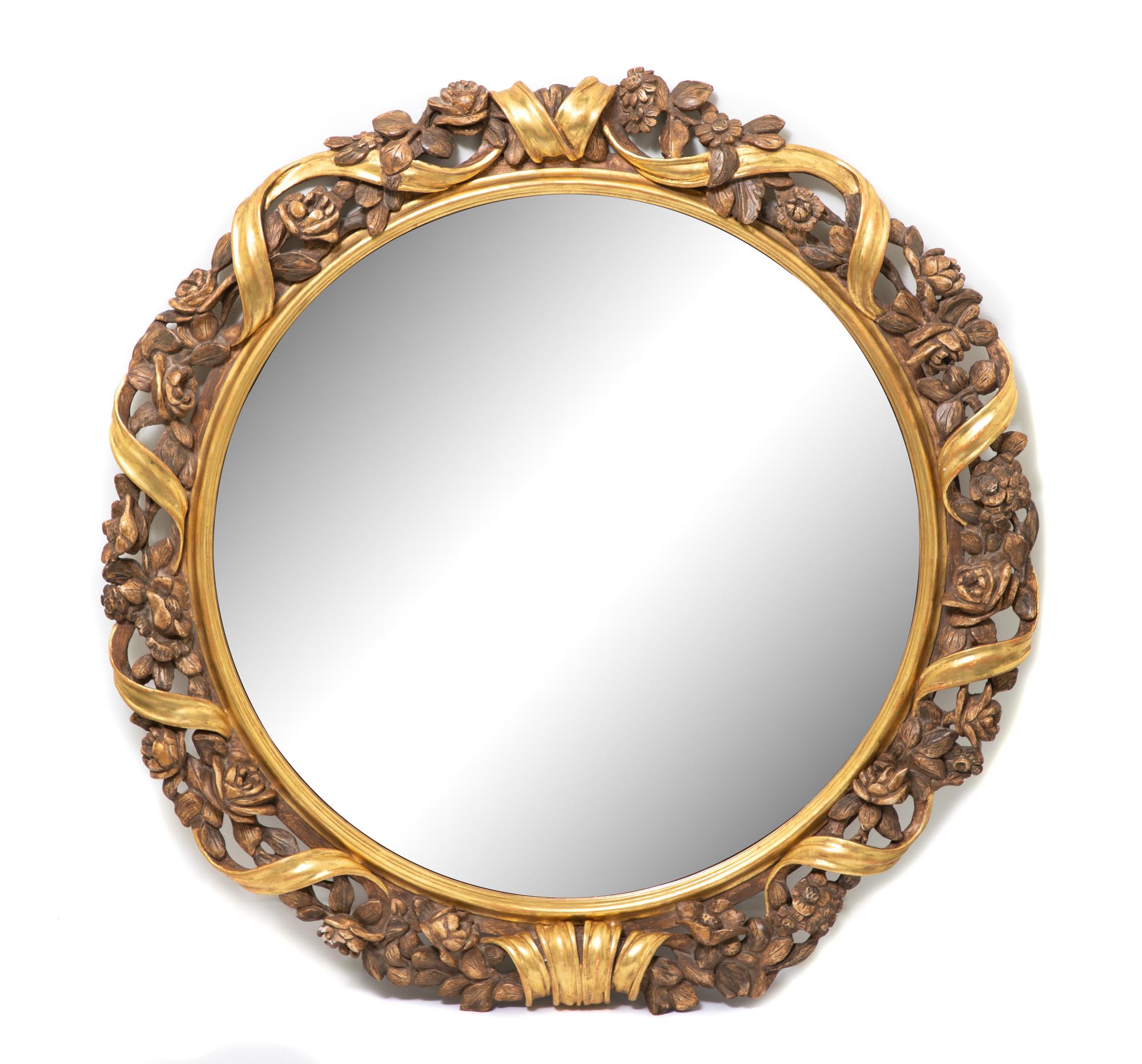A Louis XVI Style Floral Carved Giltwood Circular Mirror Diameter 43 1/2 inches. — 20TH CENTURY