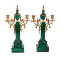 A Pair of Empire Style Gilt Metal and Malachite Veneered Two-Light Candelabra