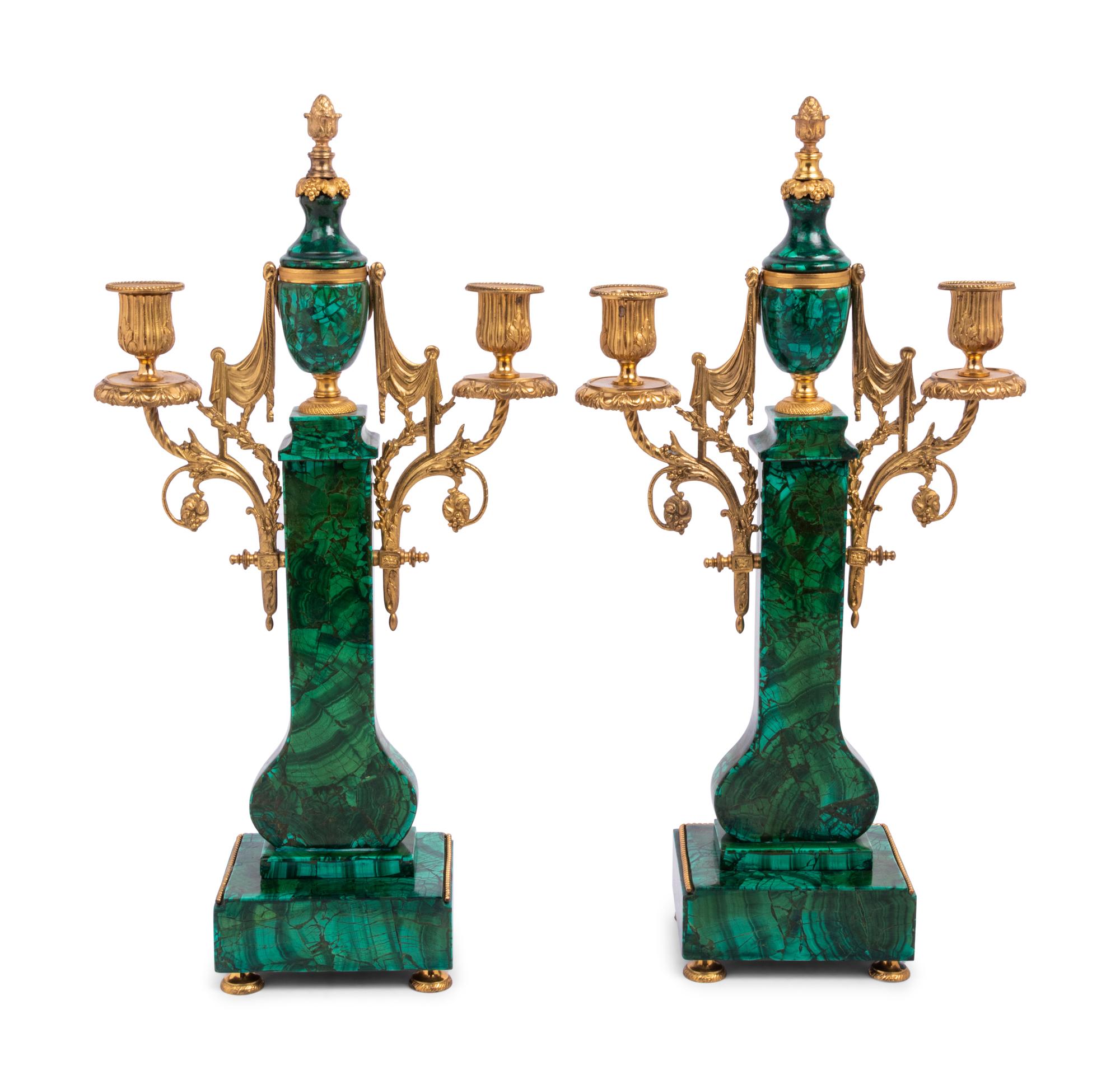 A Pair of Empire Style Gilt Metal and Malachite Veneered Two-Light Candelabra