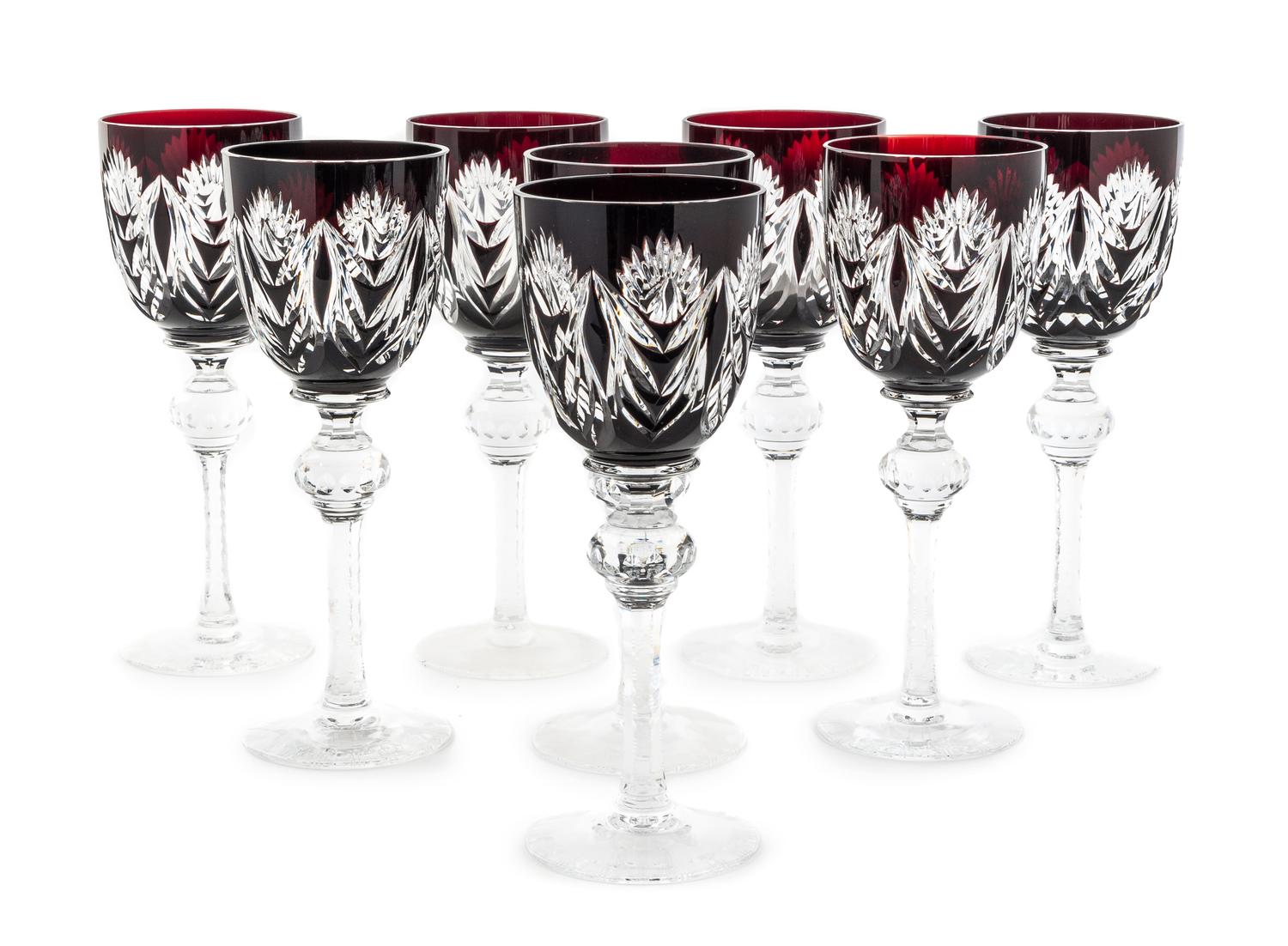 A Set of Eight Red Cut to Clear Glass Wine Stems Height 8 1/4 inches.