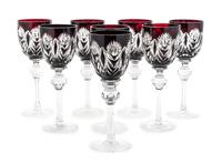 A Set of Eight Red Cut to Clear Glass Wine Stems Height 8 1/4 inches.