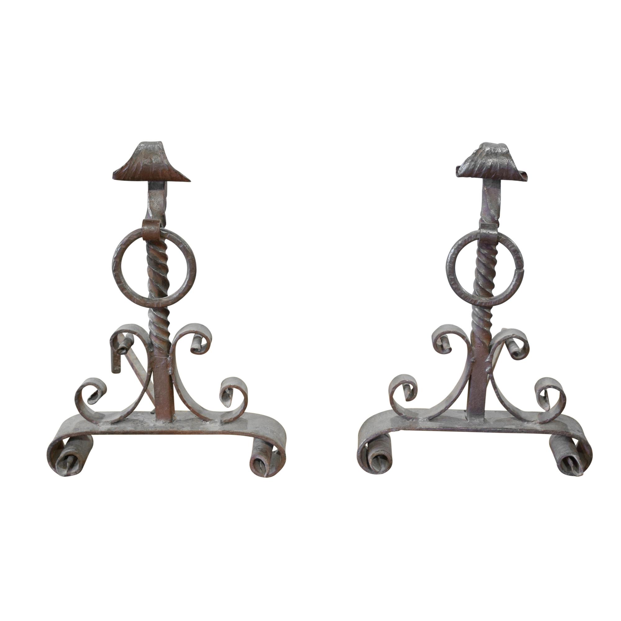 A Pair of Wrought Iron Andirons 12.5" W x 17.5" D x 18" H — Argentina, 19th Century