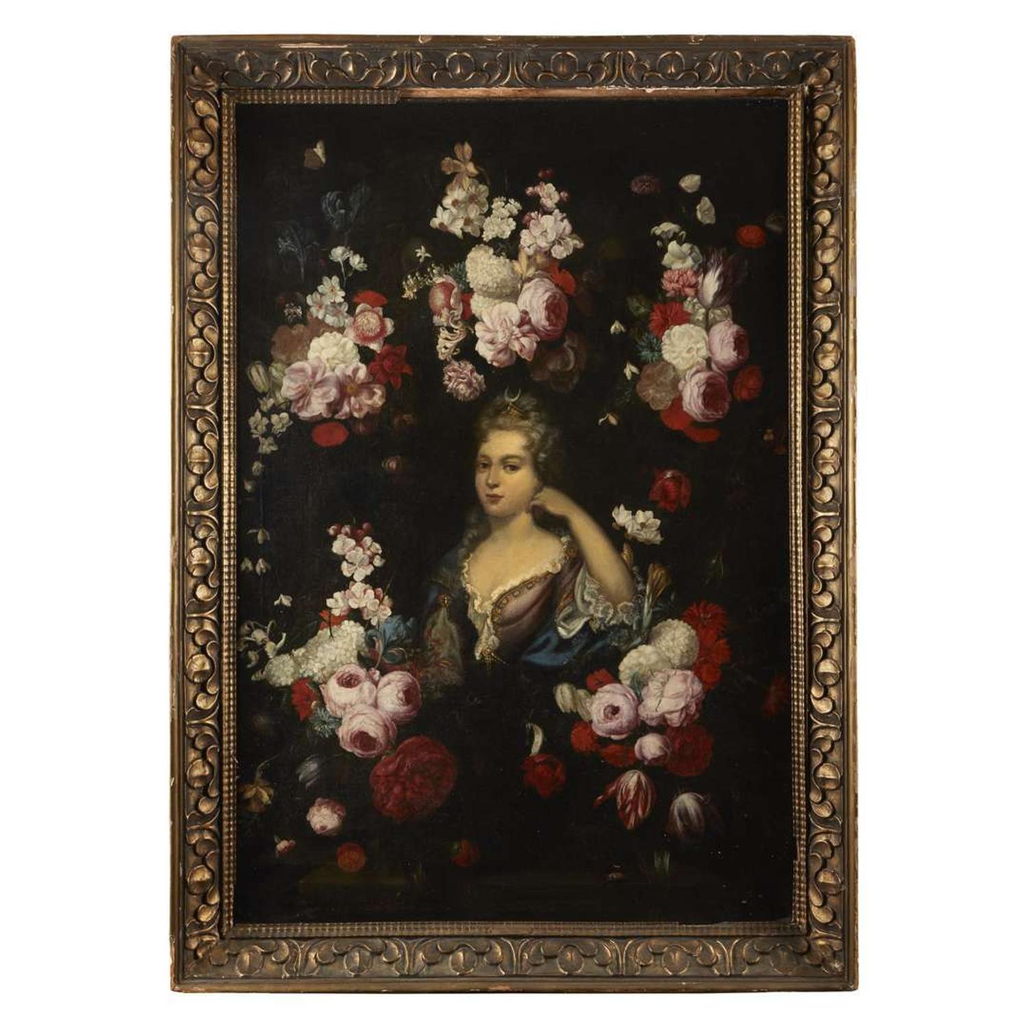 CIRCLE OF GASPAR PIETER VERBRUGGEN THE YOUNGER (FLEMISH 1664-1730) A CARTOUCHE OF FLOWERS WITH DIANA